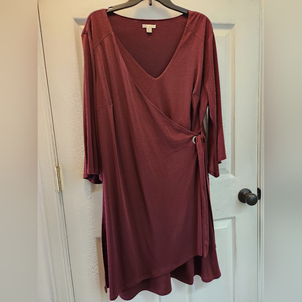 Cato Burgandy Asymmetrical Wrap Dress with Bell Sleeves.